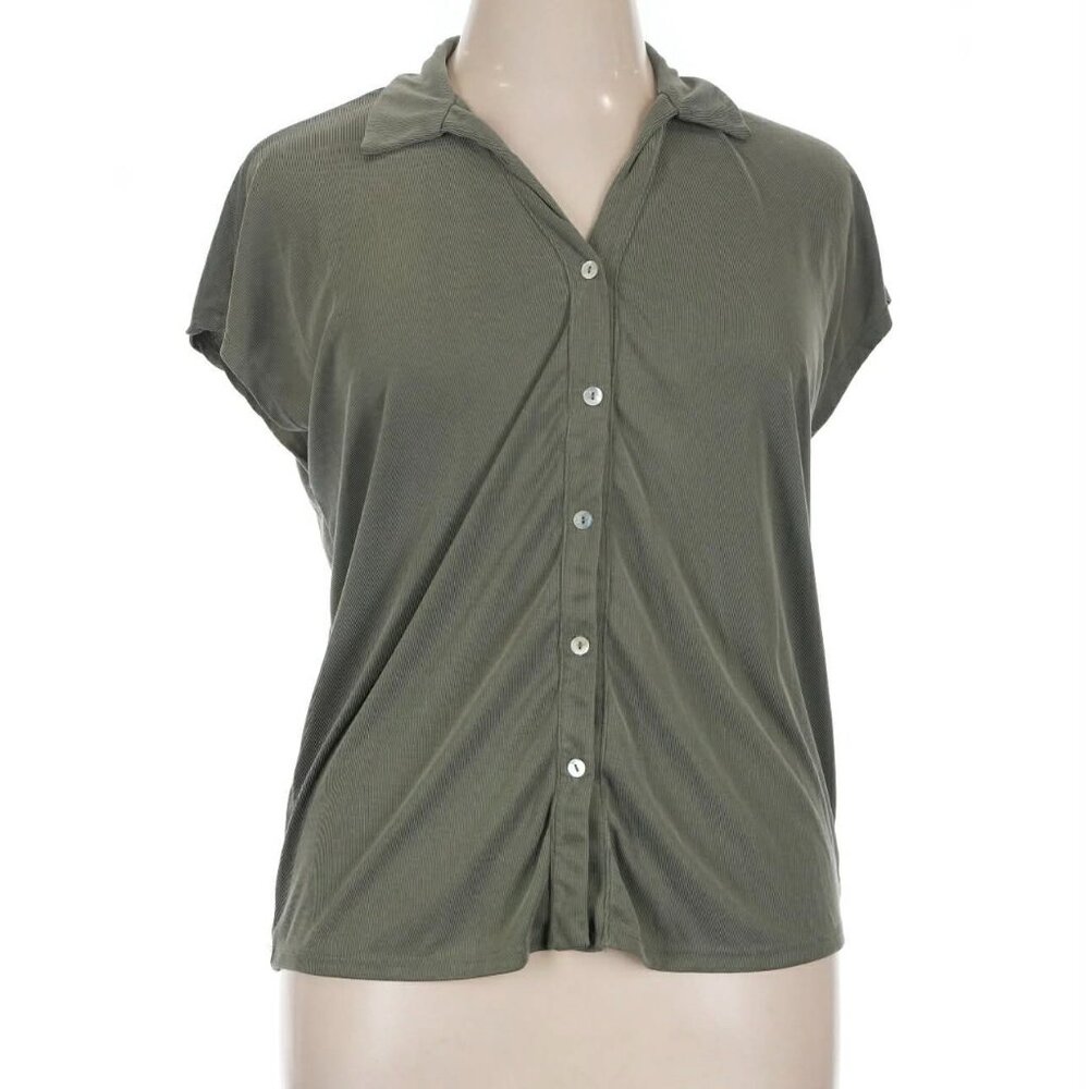 Olive Green Collared Button Down Cap Sleeve Top Size Large